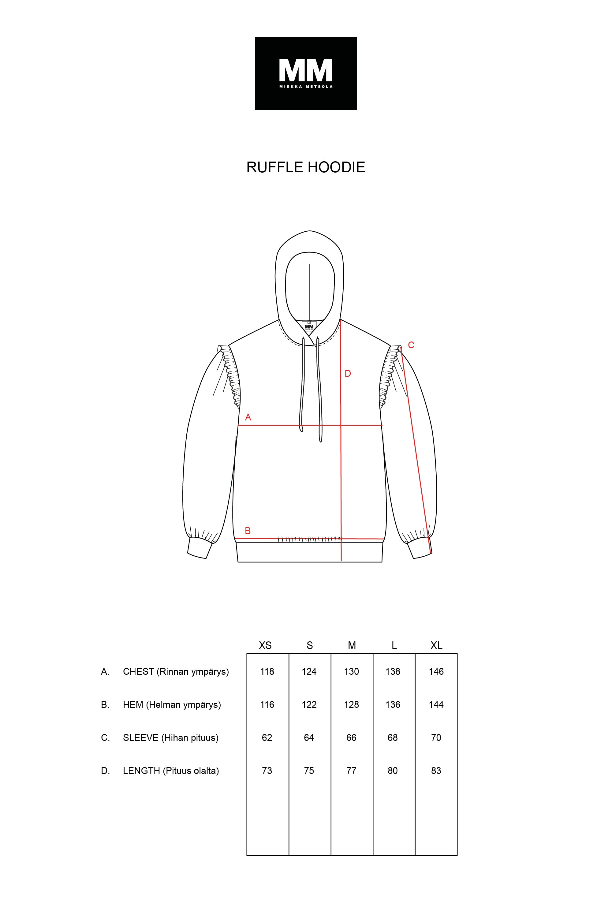 Measurements for Ruffle Hoodie by Mirkka Metsola. 